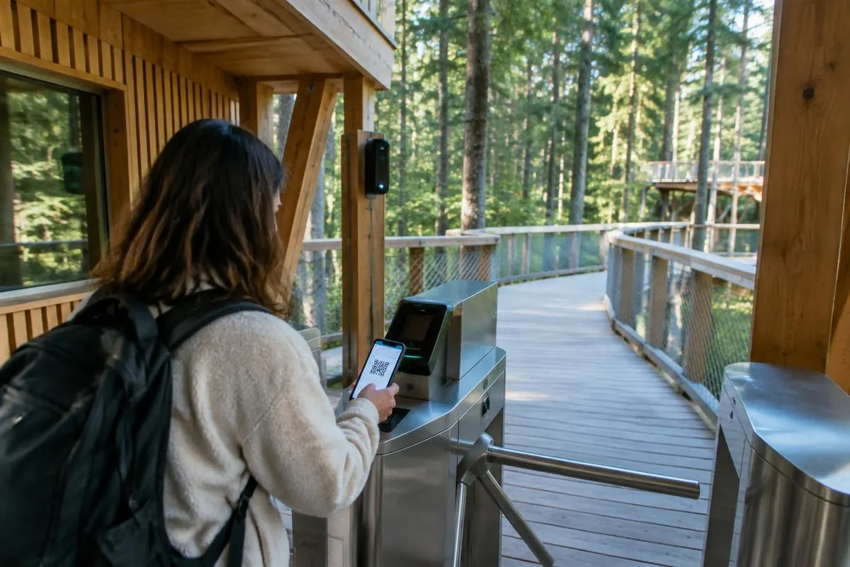 Besucherin scannt ihr QR-Ticket am Drehkreuz eines Baumwipfelpfads