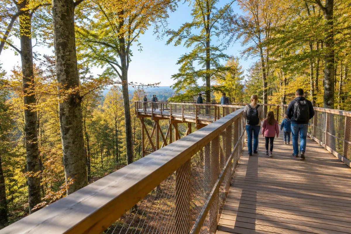 Familie auf einem Holzsteg eines Baumwipfelpfads im herbstlichen Wald
