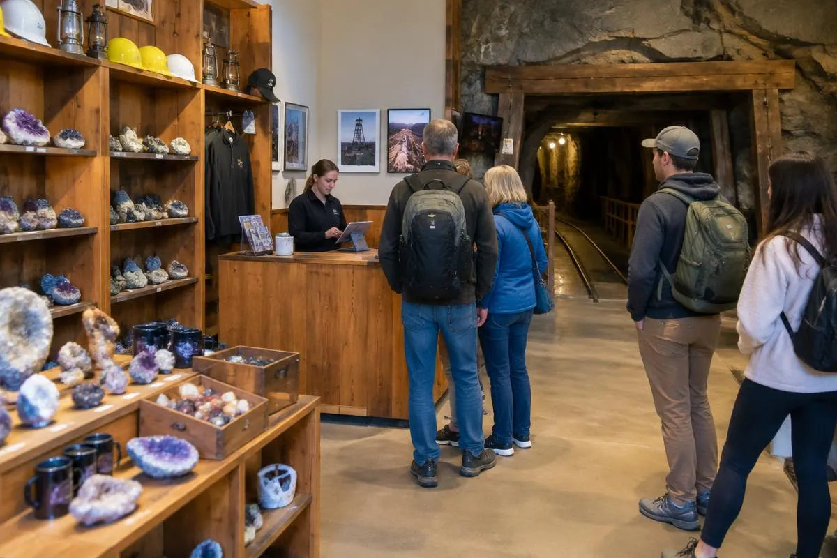 Besucher am Empfang eines Besucherbergwerks mit Mineralien-Shop