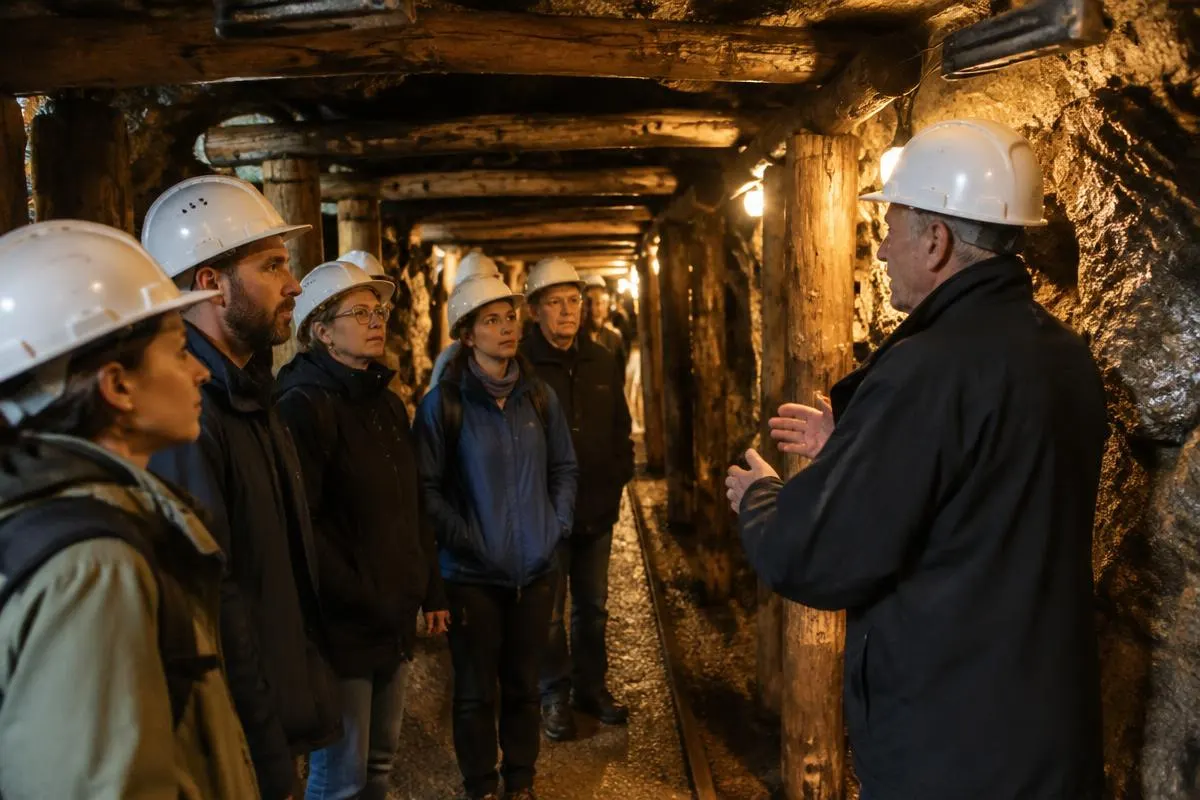 Besuchergruppe mit Helmen bei einer Führung in einem beleuchteten Bergwerksstollen