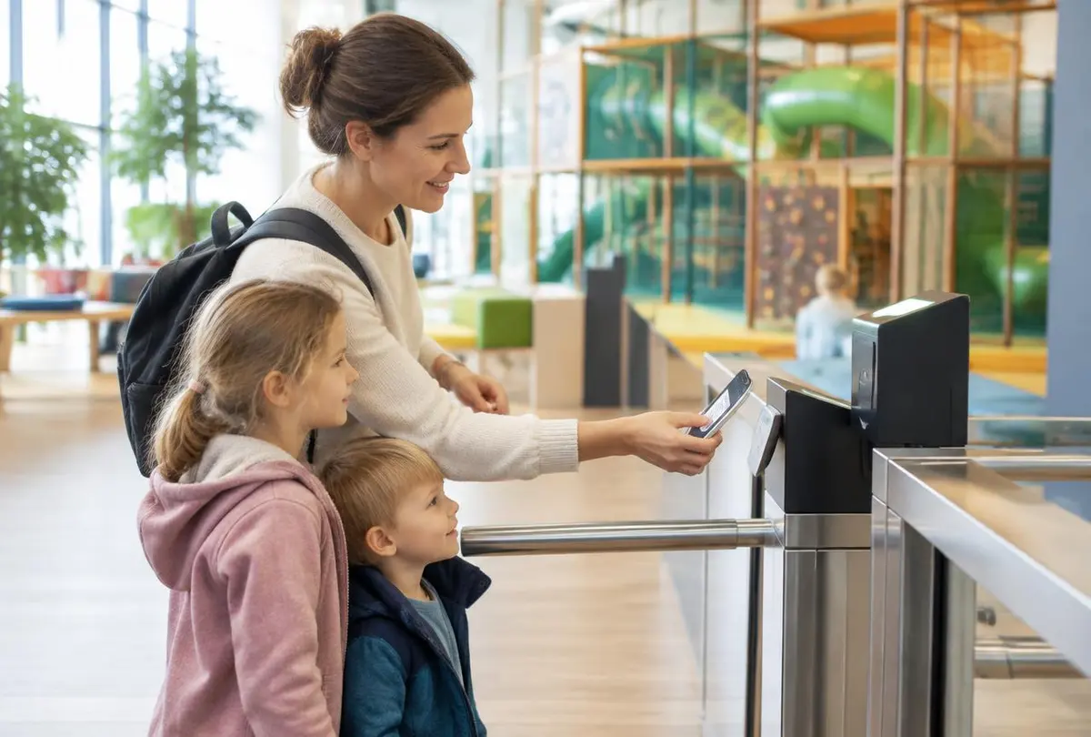 Familie scannt ihr QR-Ticket am Einlass eines Indoor-Spielplatzes