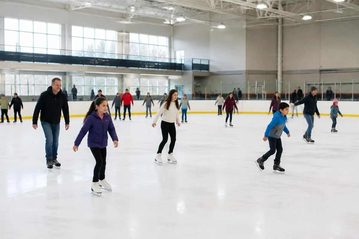 Familien beim öffentlichen Eislaufen in einer hellen Eissporthalle