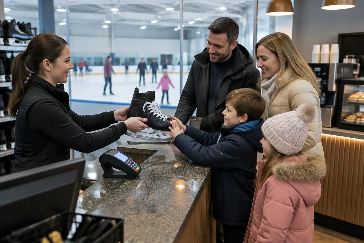 Familie erhält Leihschlittschuhe an der Kasse einer Eissporthalle mit Kartenterminal