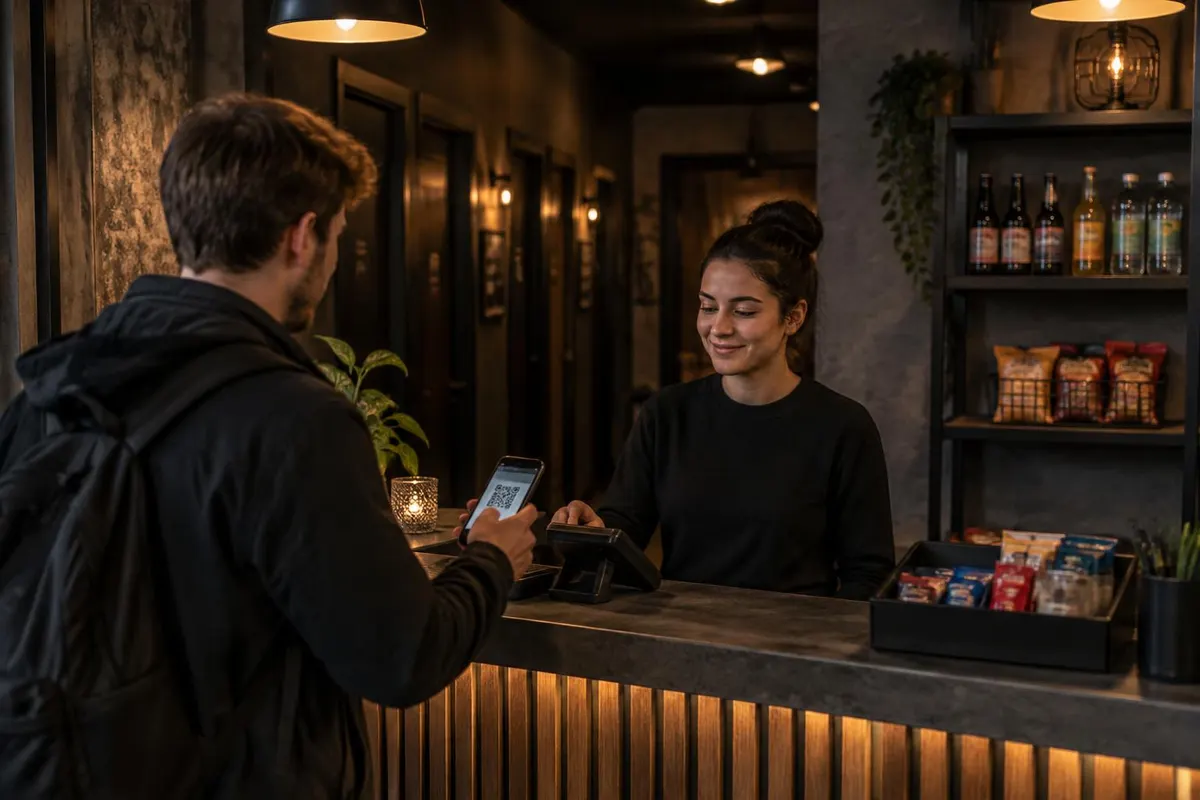 Gast zeigt sein QR-Ticket am Empfang eines Escape-Room-Centers, daneben Getränke und Snacks
