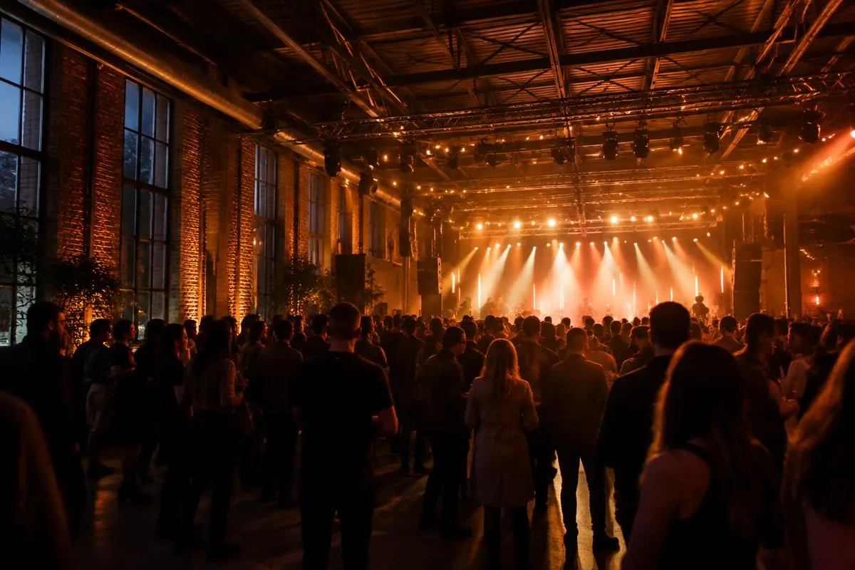 Gäste bei einer Abendveranstaltung in einer Industrie-Eventhalle mit Bühnenlicht