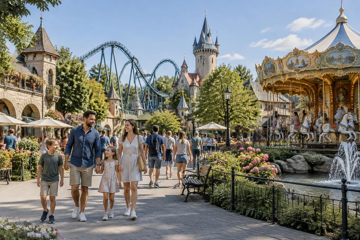 Familienfreizeitpark mit Achterbahn, Karussell und Besucherwegen