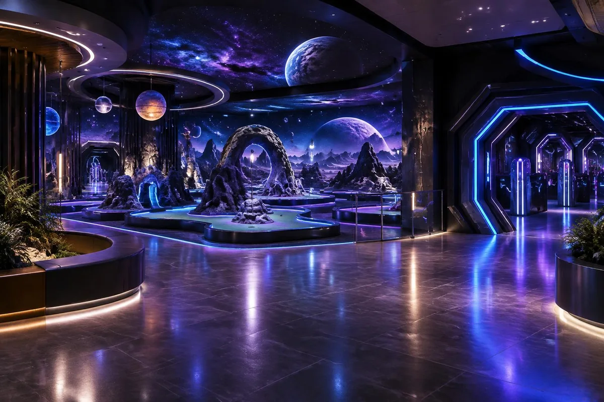 KI-Konzeptvisualisierung einer futuristischen Indoor-Freizeitwelt mit galaktischen Motiven und blauen und violetten Lichtakzenten