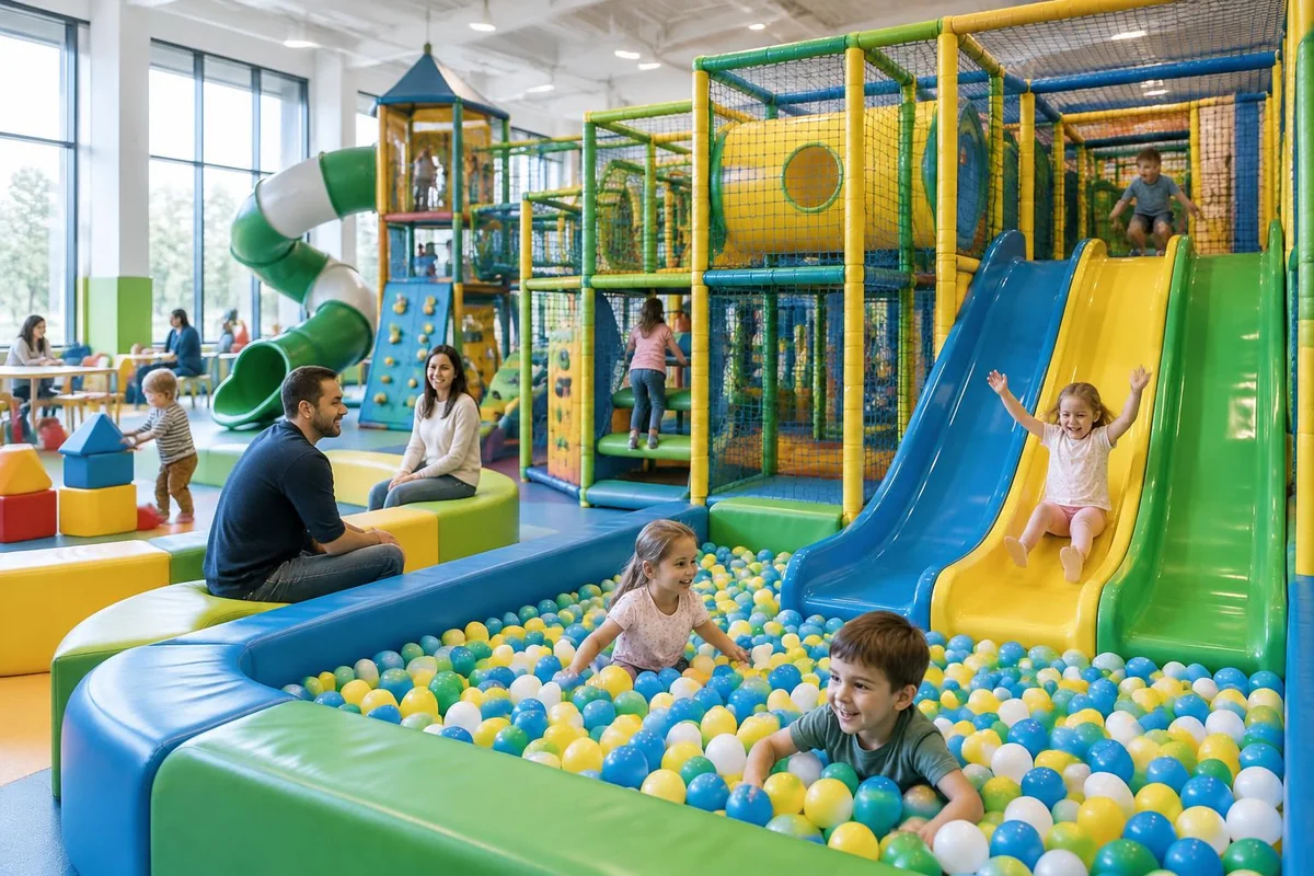 Helle Indoor-Spielhalle mit Rutschen, Kletterelementen und Familien