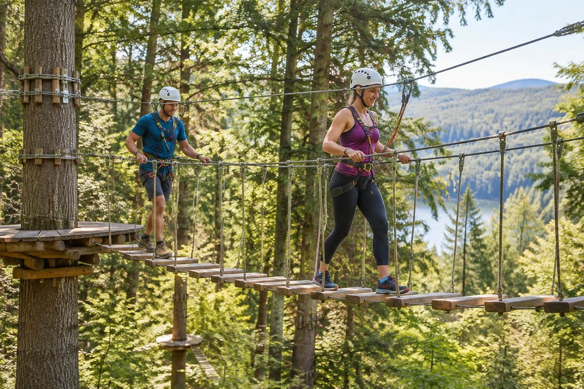 Gesicherte Besucher auf einem Holz- und Seilparcours im Wald