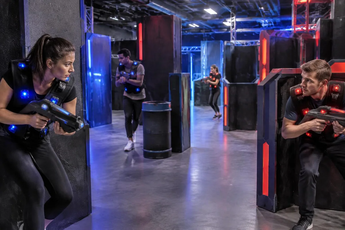 Spieler mit Lasertag-Ausrüstung zwischen beleuchteten Hindernissen