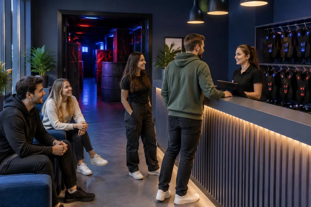 Besuchergruppe am Empfang einer Lasertag-Arena vor Spielbeginn