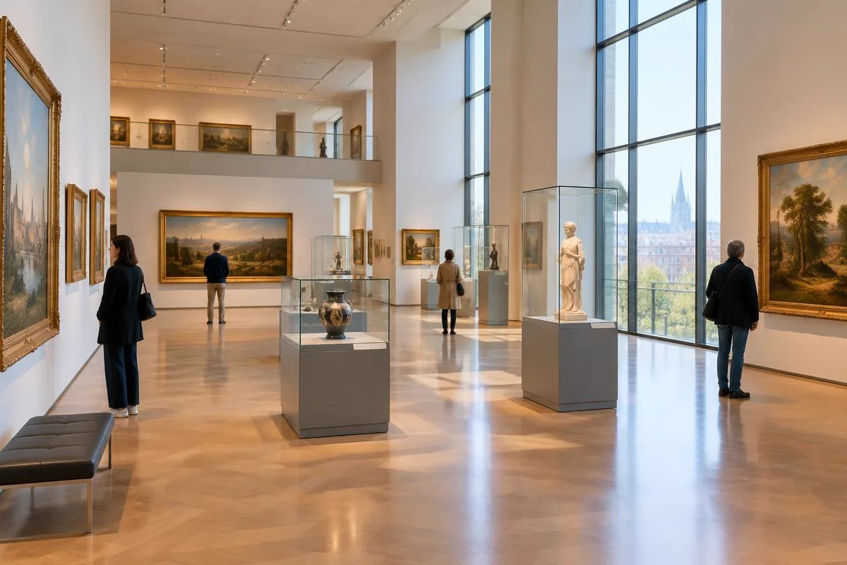 Helle Ausstellungshalle eines Museums mit Besuchern vor Gemälden und Vitrinen
