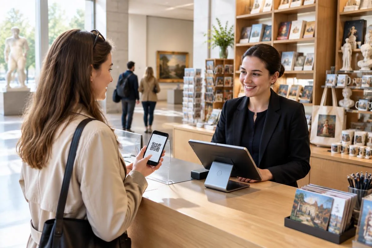 Besucherin zeigt ihr QR-Ticket am Kassentresen mit Museumsshop im Hintergrund
