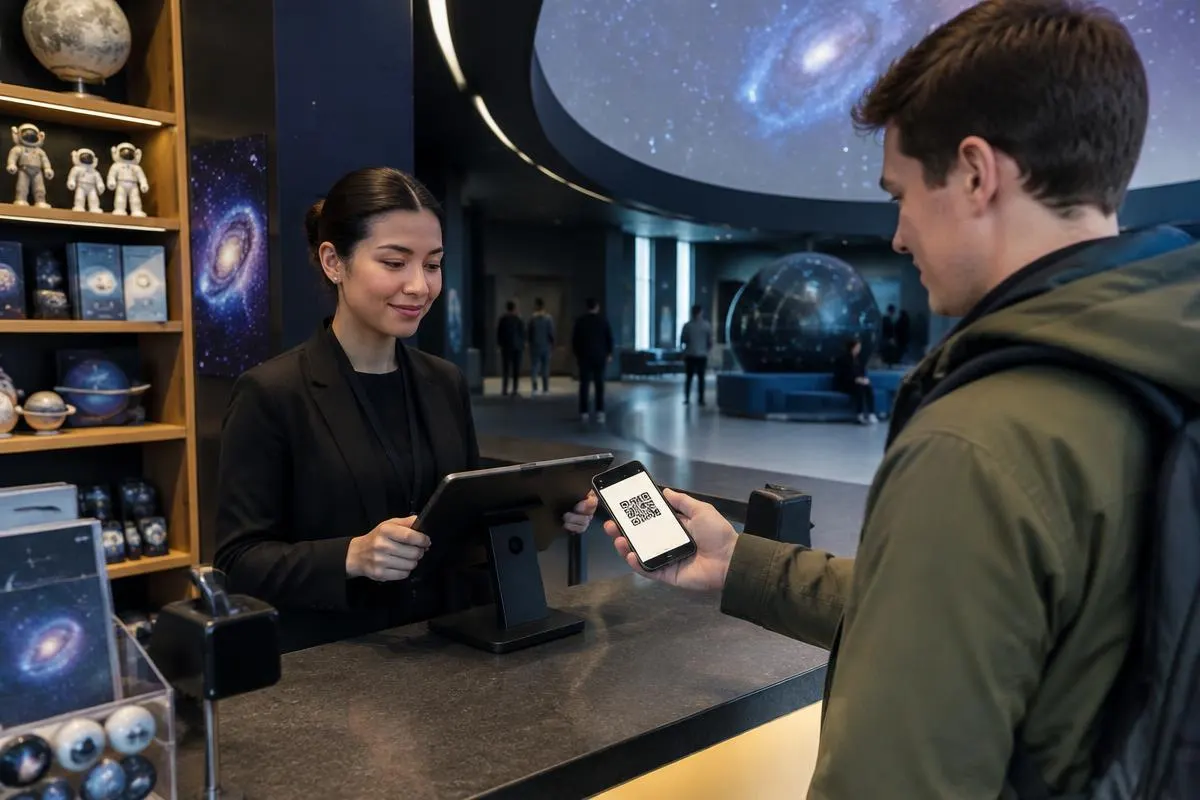 Besucher zeigt sein QR-Ticket am Empfang eines Planetariums, daneben ein kleiner Shop