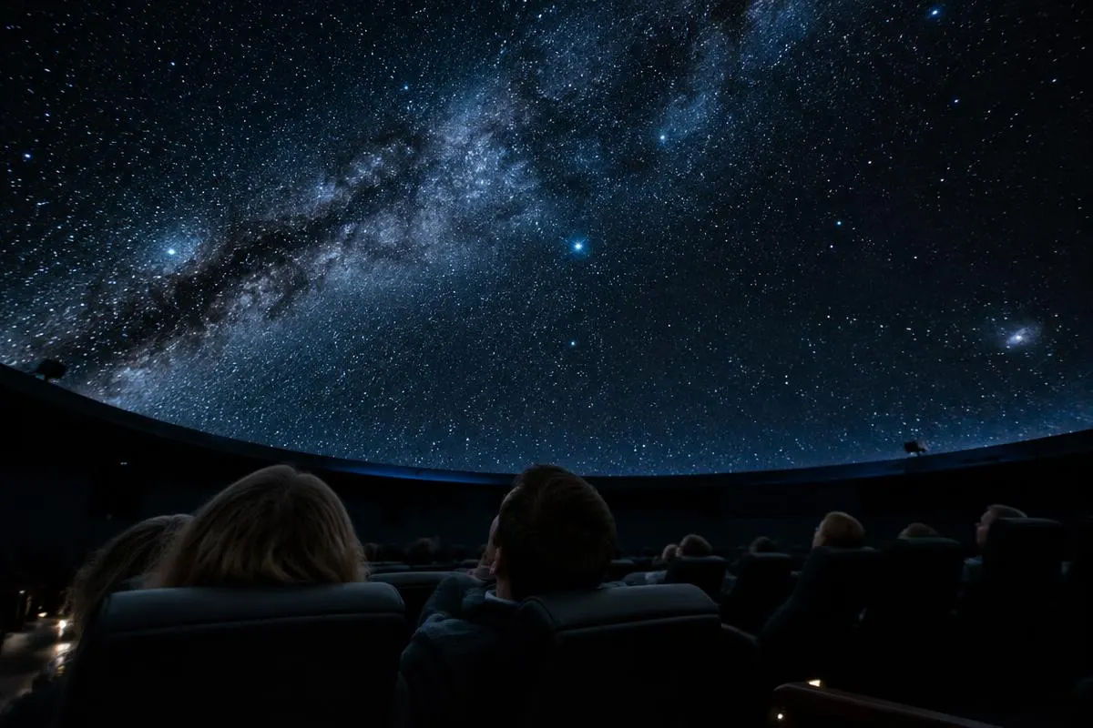 Besucher in Liegesitzen unter dem Sternenhimmel einer Planetariumskuppel