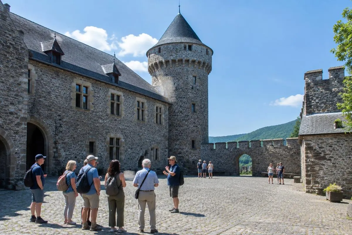 Besuchergruppe bei einer Führung im Innenhof einer Burg