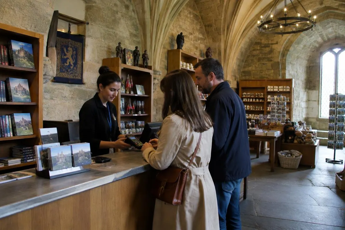 Paar bezahlt mit Karte an der Kasse eines Burgshops mit Büchern und Souvenirs