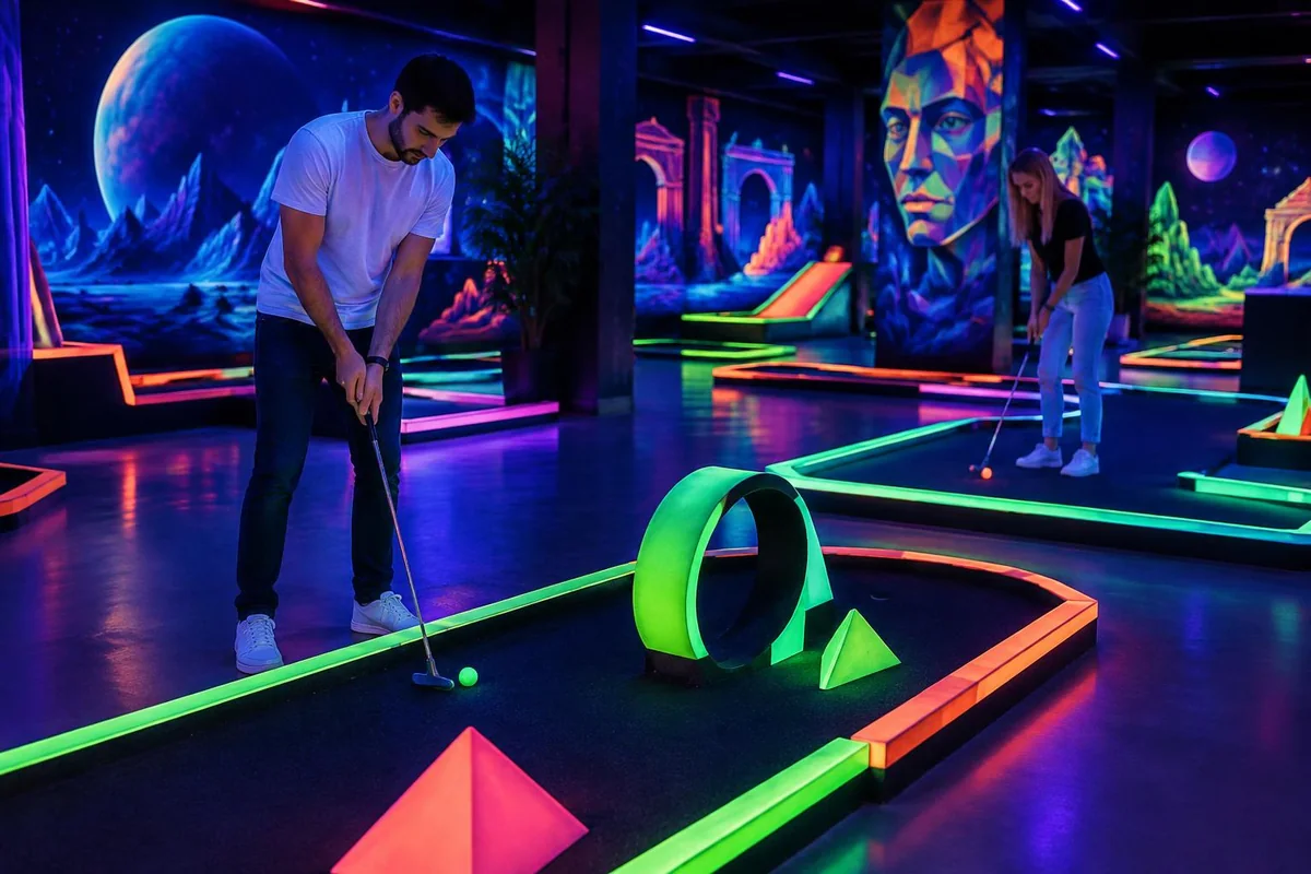 Schwarzlicht-Minigolf mit fluoreszierenden Bahnen und Hindernissen