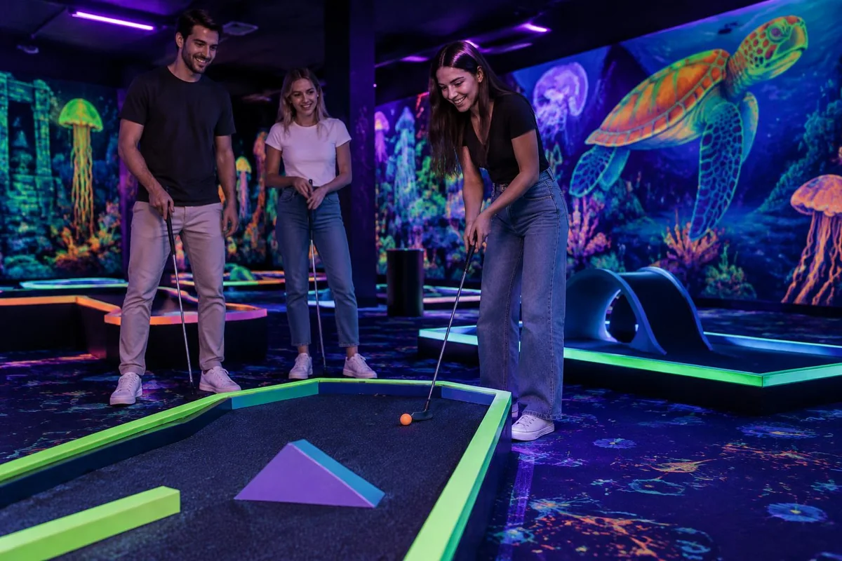 Kleine Gruppe beim Spielen auf einem Schwarzlicht-Minigolf-Parcours