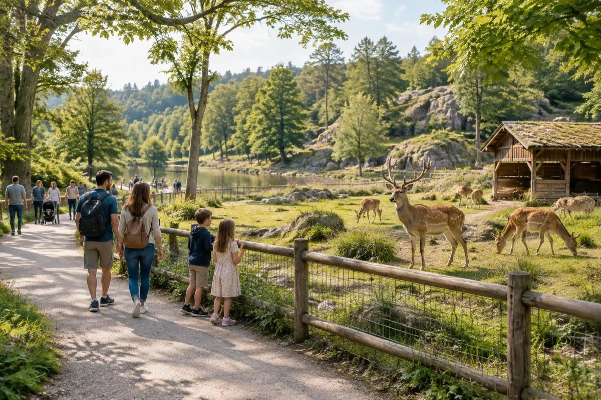 Familien auf Besucherwegen neben naturnahen Hirschgehegen