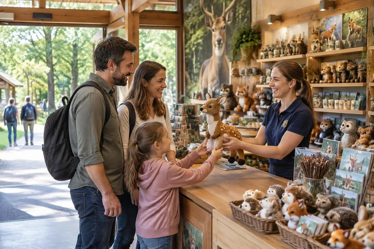 Familie kauft ein Plüschtier im Souvenirshop eines Tierparks