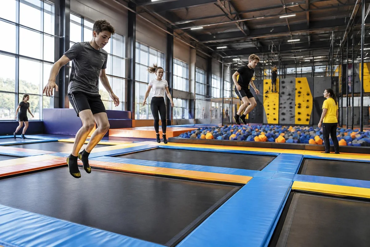 Besucher auf den Sprungflächen einer modernen Trampolinhalle